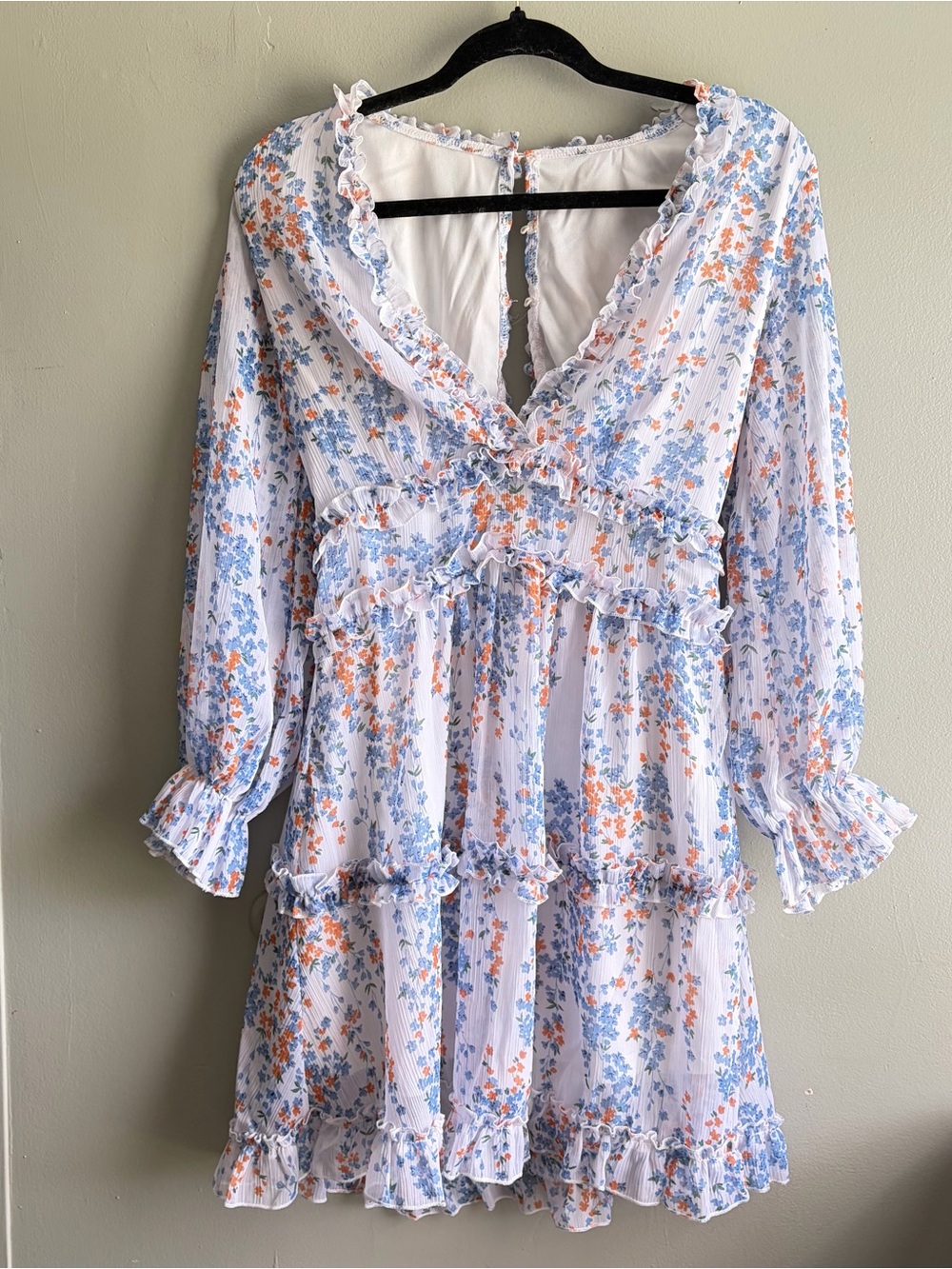 Women's White Floral Print Dress Summer Ruffles Feminine - Large